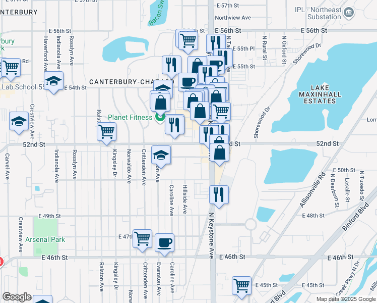 map of restaurants, bars, coffee shops, grocery stores, and more near in Indianapolis