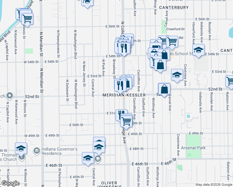 map of restaurants, bars, coffee shops, grocery stores, and more near in Indianapolis