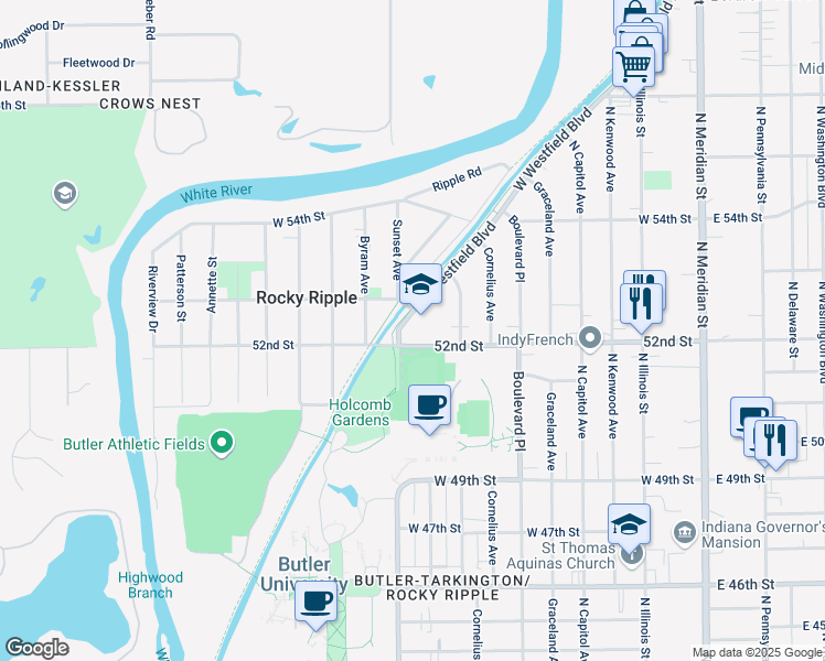 map of restaurants, bars, coffee shops, grocery stores, and more near 603 West 53rd Street in Indianapolis