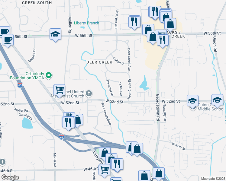 map of restaurants, bars, coffee shops, grocery stores, and more near 5281 Thrasher Drive in Indianapolis