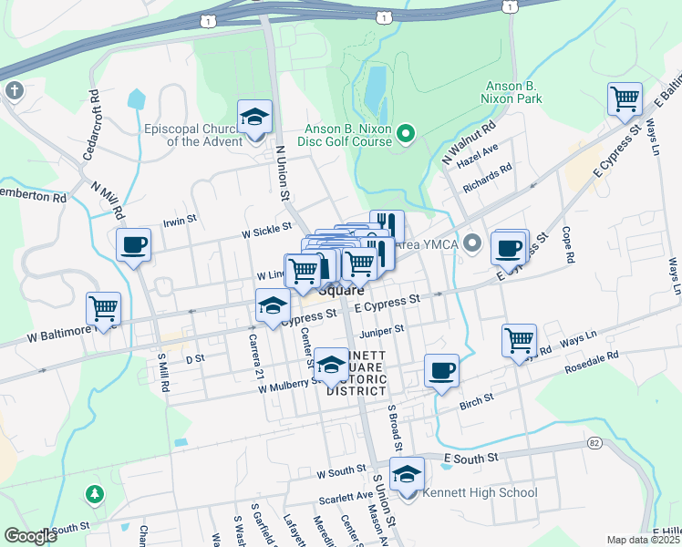 map of restaurants, bars, coffee shops, grocery stores, and more near in Kennett Square