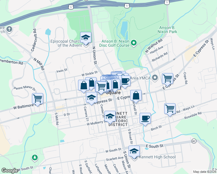 map of restaurants, bars, coffee shops, grocery stores, and more near 200 North Union Street in Kennett Square