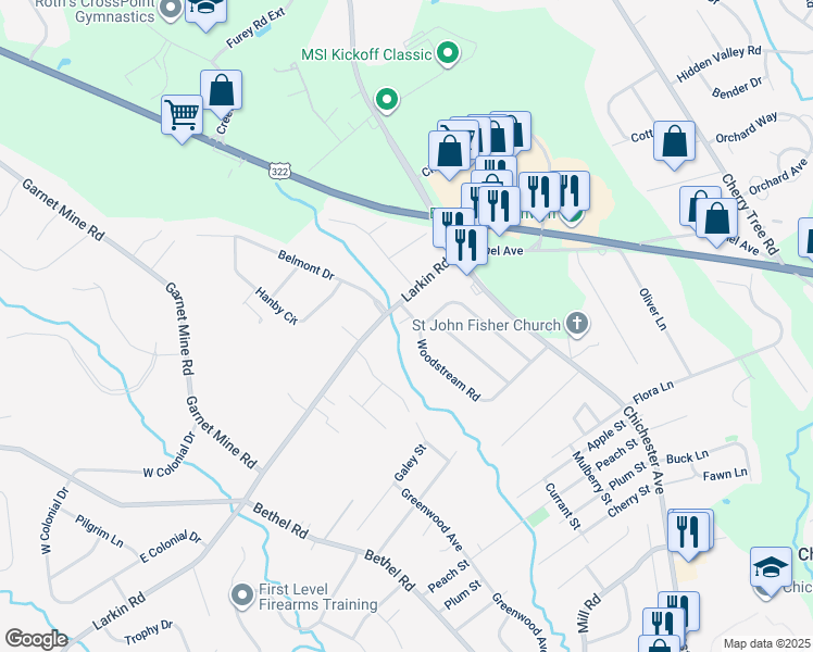 map of restaurants, bars, coffee shops, grocery stores, and more near 101 Woodstream Road in Boothwyn