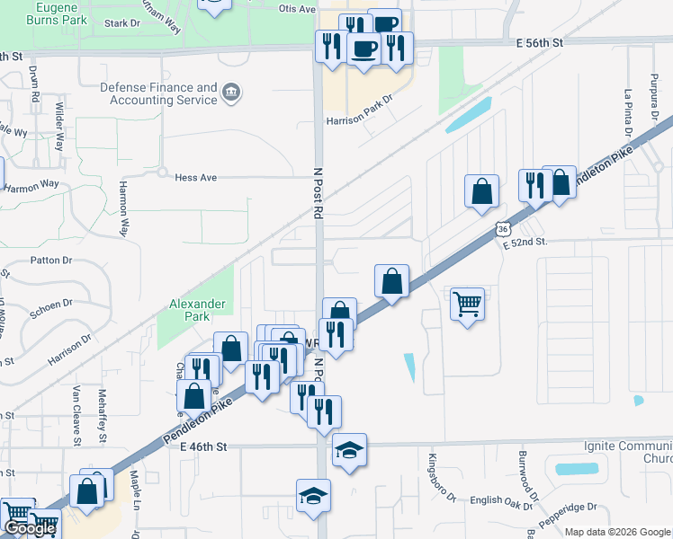map of restaurants, bars, coffee shops, grocery stores, and more near North Eldorado Place in Indianapolis