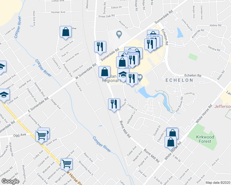 map of restaurants, bars, coffee shops, grocery stores, and more near 3 Britton Place in Voorhees Township