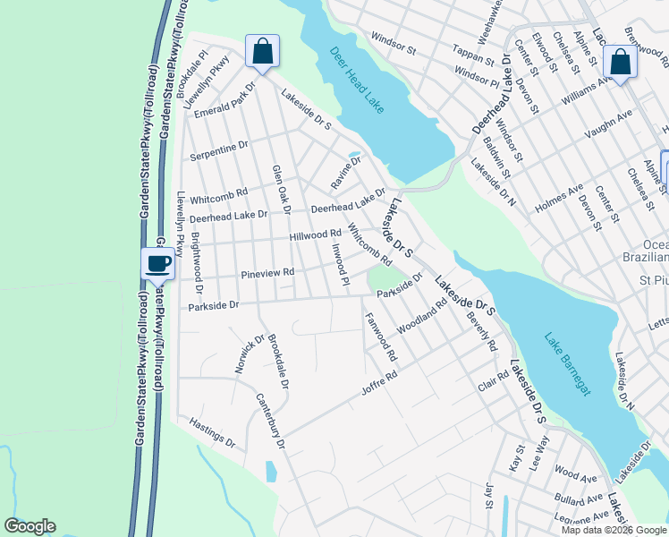 map of restaurants, bars, coffee shops, grocery stores, and more near 1764 Pineview Road in Lacey Township