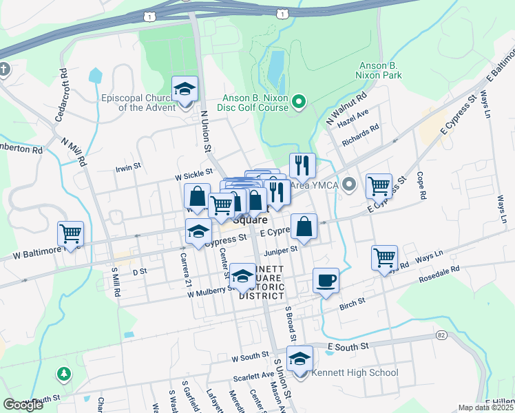 map of restaurants, bars, coffee shops, grocery stores, and more near 123 East State Street in Kennett Square