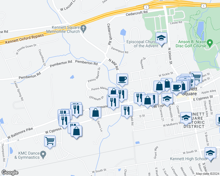 map of restaurants, bars, coffee shops, grocery stores, and more near 102 Penns Manor Drive in Kennett Square