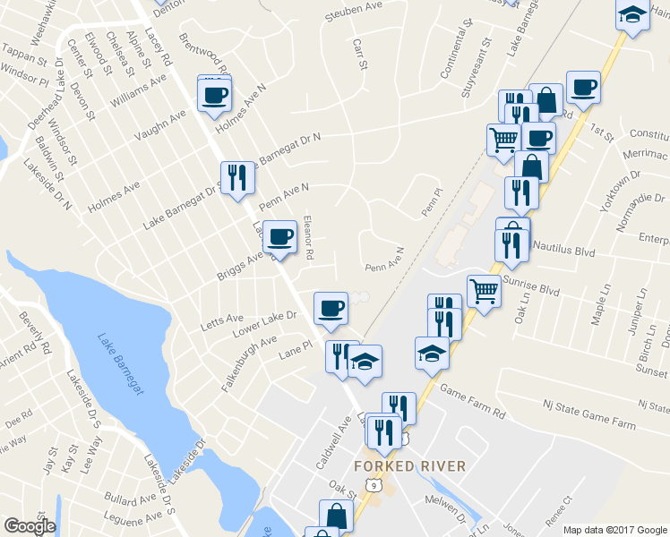 map of restaurants, bars, coffee shops, grocery stores, and more near 320 Harris Road in Forked River