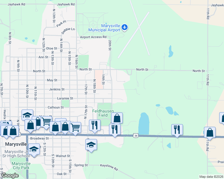 map of restaurants, bars, coffee shops, grocery stores, and more near 701 20th Street in Marysville