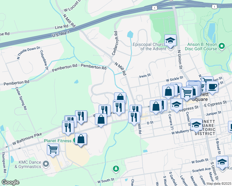 map of restaurants, bars, coffee shops, grocery stores, and more near 102 Penns Manor Drive in Kennett Square