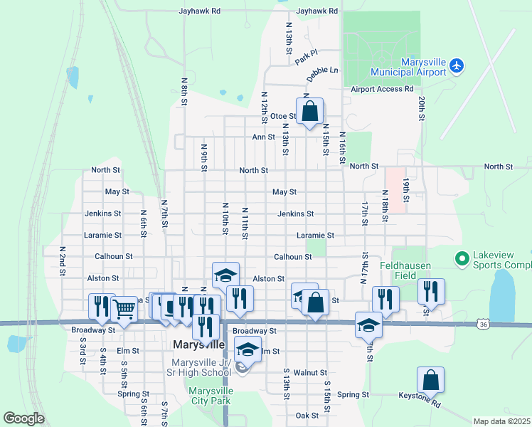 map of restaurants, bars, coffee shops, grocery stores, and more near 701 North 12th Street in Marysville