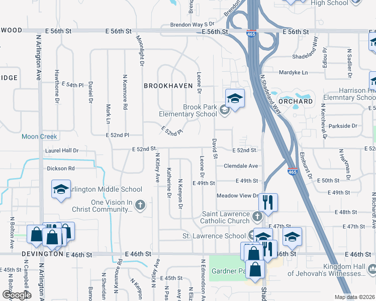 map of restaurants, bars, coffee shops, grocery stores, and more near 6724 52nd Street in Indianapolis