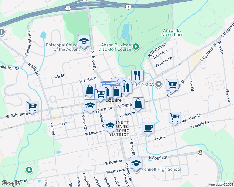 map of restaurants, bars, coffee shops, grocery stores, and more near 123 East State Street in Kennett Square