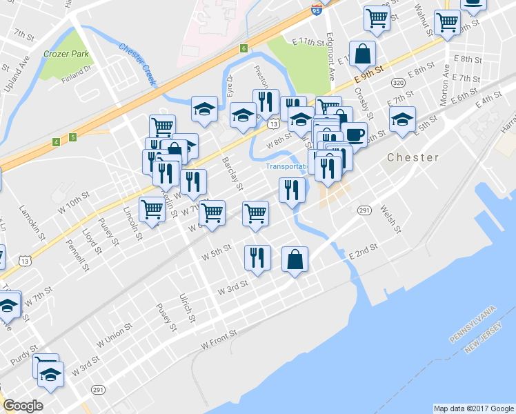 map of restaurants, bars, coffee shops, grocery stores, and more near 238 Patterson Street in Chester