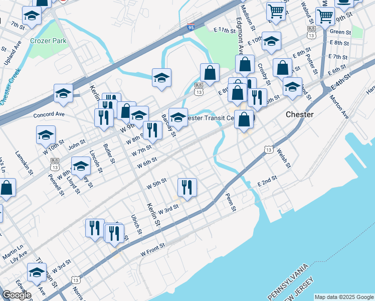 map of restaurants, bars, coffee shops, grocery stores, and more near 238 Patterson Street in Chester