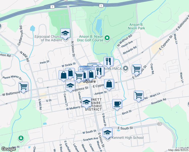 map of restaurants, bars, coffee shops, grocery stores, and more near in Kennett Square