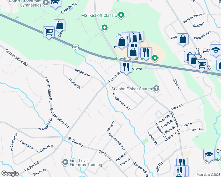 map of restaurants, bars, coffee shops, grocery stores, and more near 101 Woodstream Road in Boothwyn