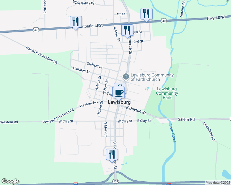 map of restaurants, bars, coffee shops, grocery stores, and more near 111 North Water Street in Lewisburg