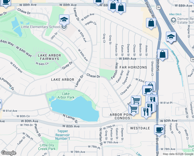 map of restaurants, bars, coffee shops, grocery stores, and more near 6040 West 83rd Place in Arvada