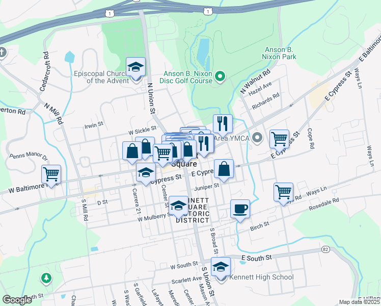 map of restaurants, bars, coffee shops, grocery stores, and more near in Kennett Square