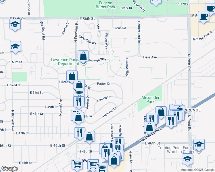 map of restaurants, bars, coffee shops, grocery stores, and more near 8233 Patton Drive in Lawrence