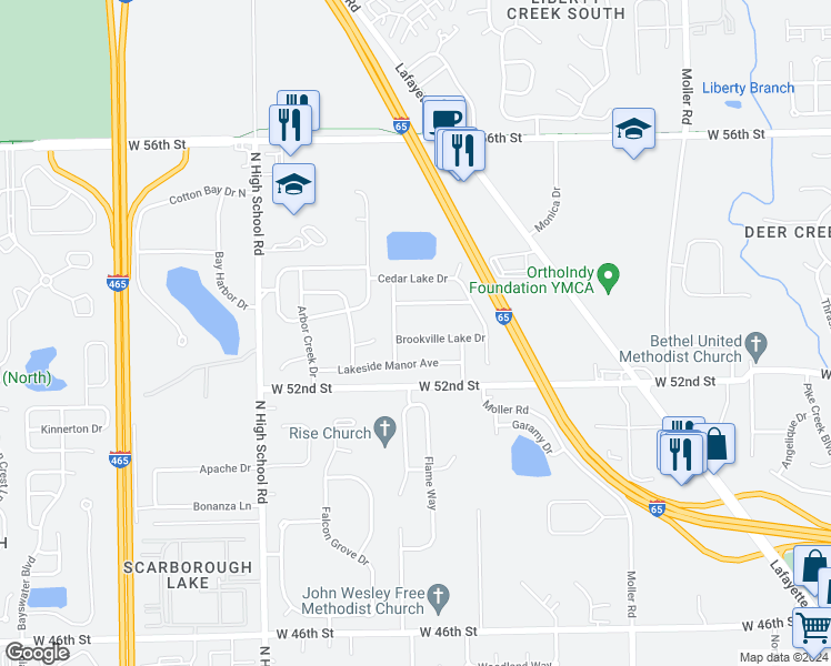 map of restaurants, bars, coffee shops, grocery stores, and more near 5928 Brookville Lake Drive in Indianapolis