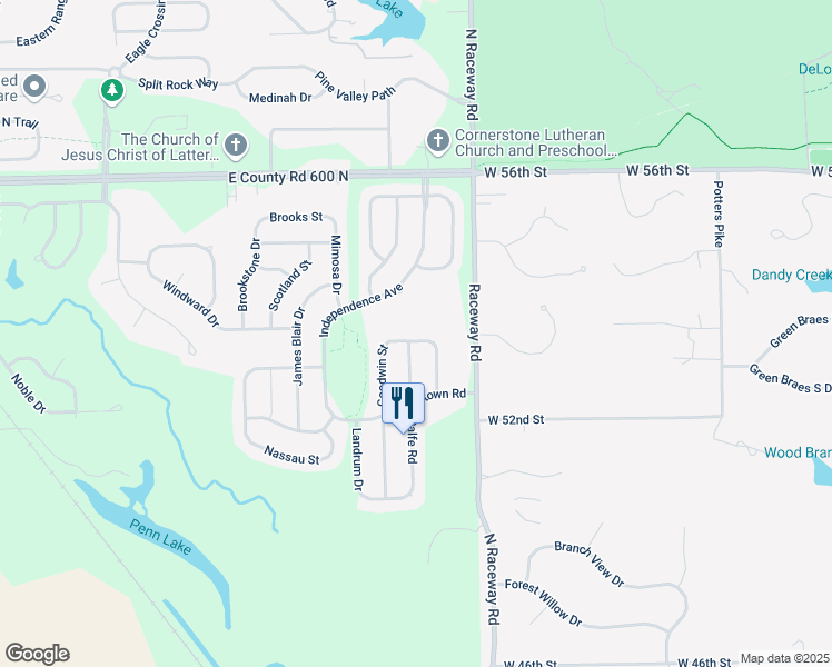map of restaurants, bars, coffee shops, grocery stores, and more near 5655 Crump Lane in Indianapolis