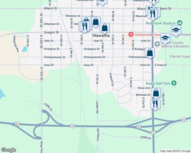 map of restaurants, bars, coffee shops, grocery stores, and more near 520 South 7th Street in Hiawatha