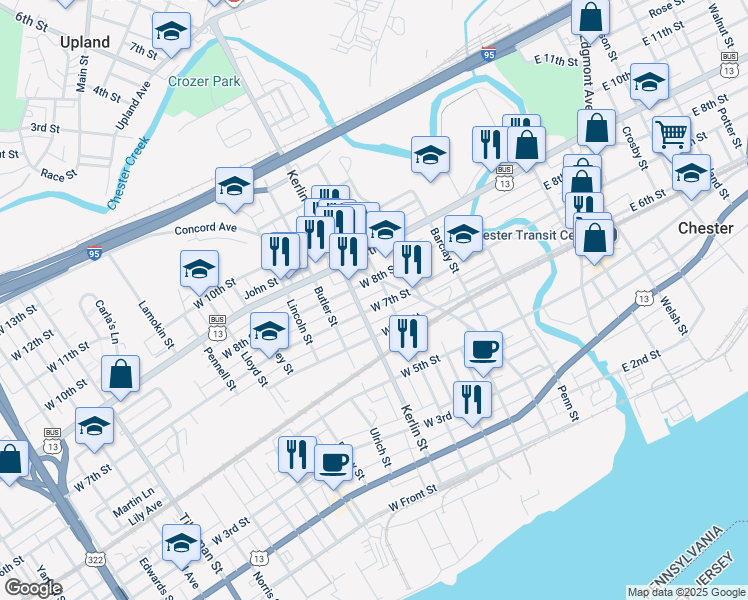 map of restaurants, bars, coffee shops, grocery stores, and more near 612 West 7th Street in Chester