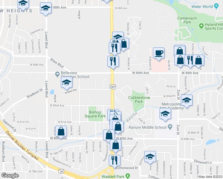map of restaurants, bars, coffee shops, grocery stores, and more near 2590 West 83rd Avenue in Westminster