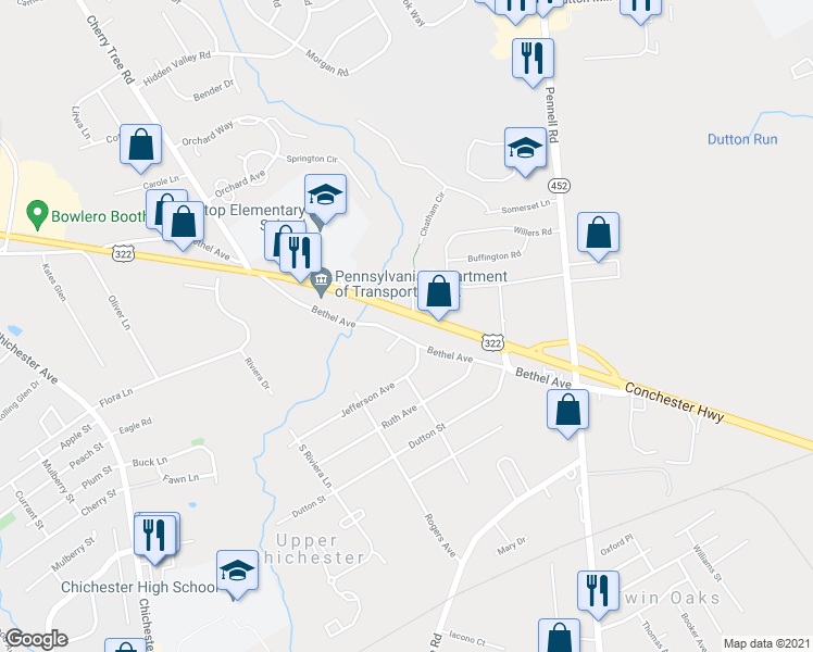 map of restaurants, bars, coffee shops, grocery stores, and more near 801 Bethel Avenue in Aston