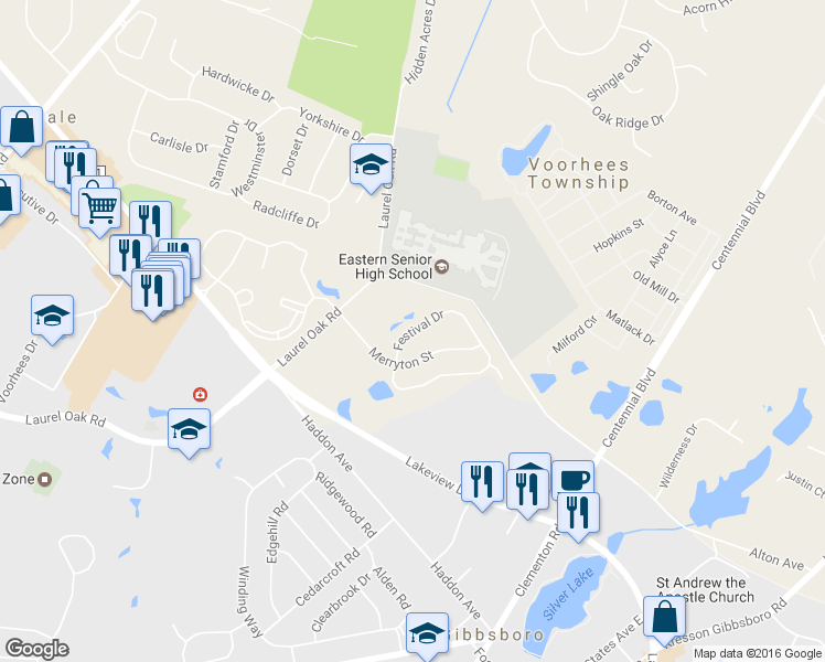 map of restaurants, bars, coffee shops, grocery stores, and more near 56 Festival Dr in Voorhees