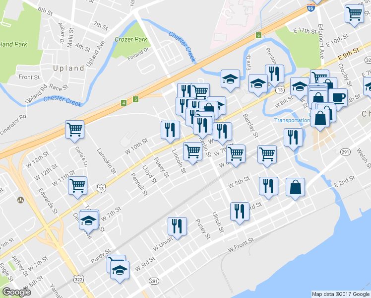 map of restaurants, bars, coffee shops, grocery stores, and more near 808 West 8th Street in Chester
