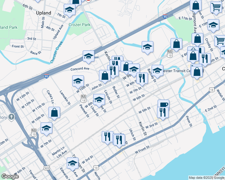 map of restaurants, bars, coffee shops, grocery stores, and more near 808 West 8th Street in Chester