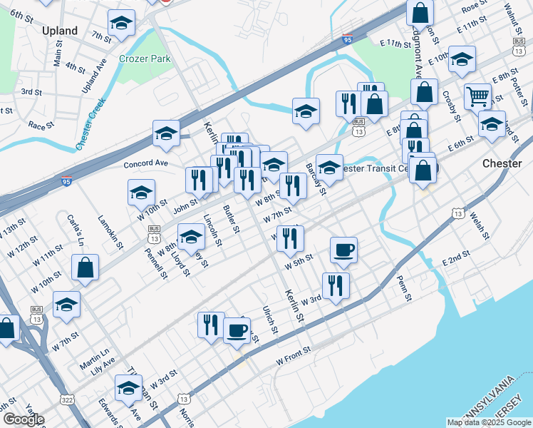map of restaurants, bars, coffee shops, grocery stores, and more near 612 West 7th Street in Chester