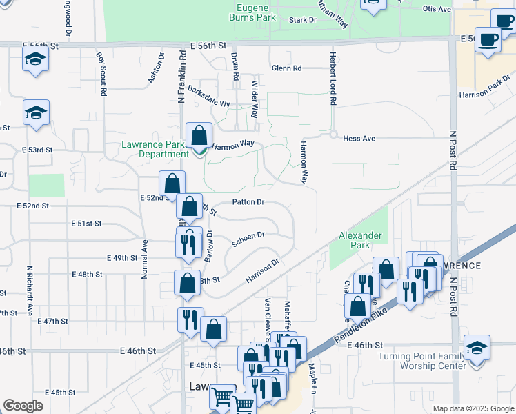 map of restaurants, bars, coffee shops, grocery stores, and more near 8233 Patton Drive in Lawrence