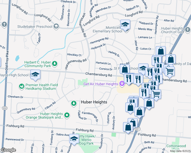 map of restaurants, bars, coffee shops, grocery stores, and more near 6458 Rosebury Drive in Dayton