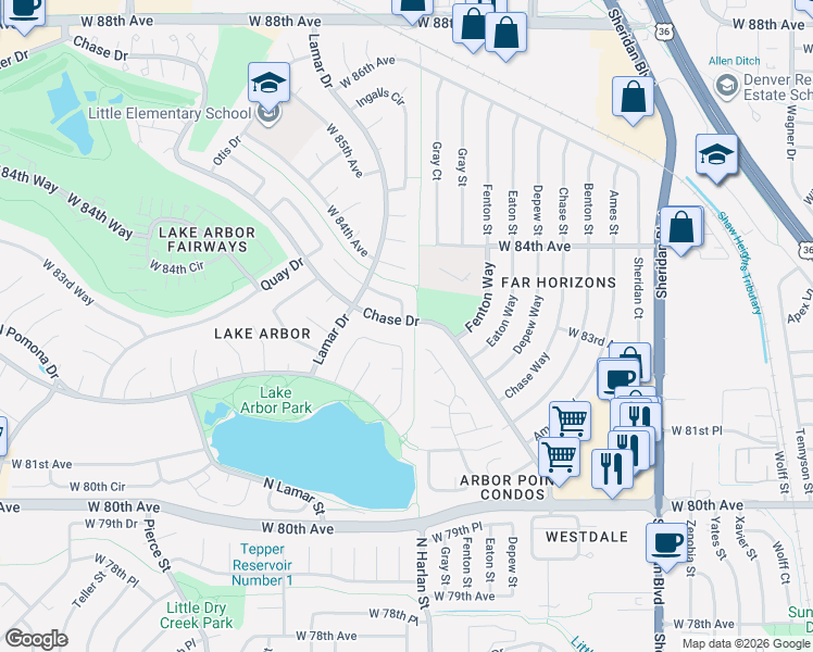 map of restaurants, bars, coffee shops, grocery stores, and more near 6040 West 83rd Place in Arvada