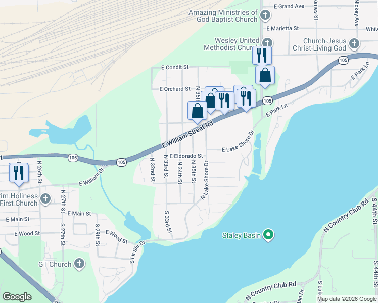 map of restaurants, bars, coffee shops, grocery stores, and more near 500-598 N 35th St in Decatur