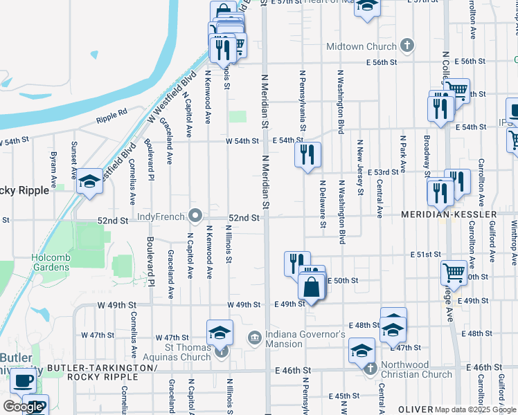 map of restaurants, bars, coffee shops, grocery stores, and more near in Indianapolis