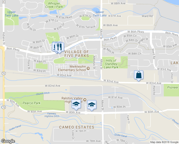 map of restaurants, bars, coffee shops, grocery stores, and more near 13390 West 83rd Place in Arvada