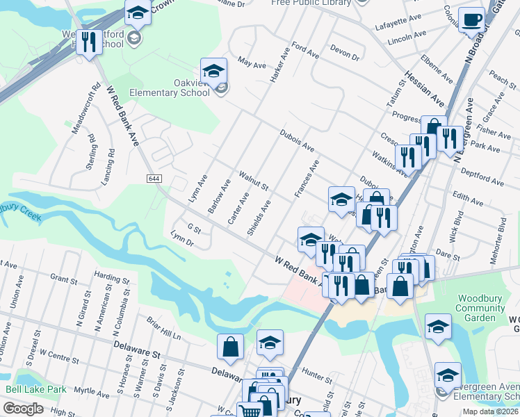 map of restaurants, bars, coffee shops, grocery stores, and more near 587 Shields Avenue in Woodbury