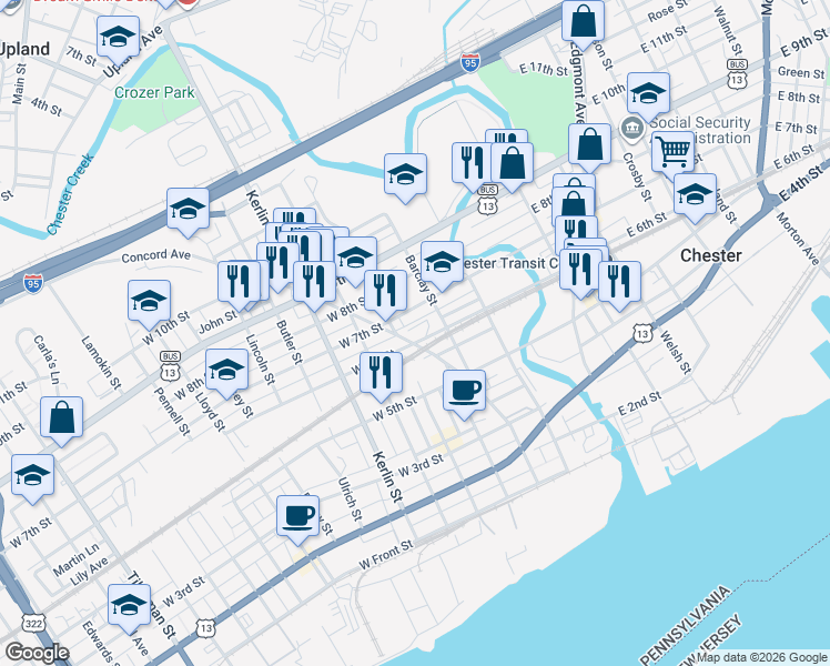 map of restaurants, bars, coffee shops, grocery stores, and more near 325 West 7th Street in Chester