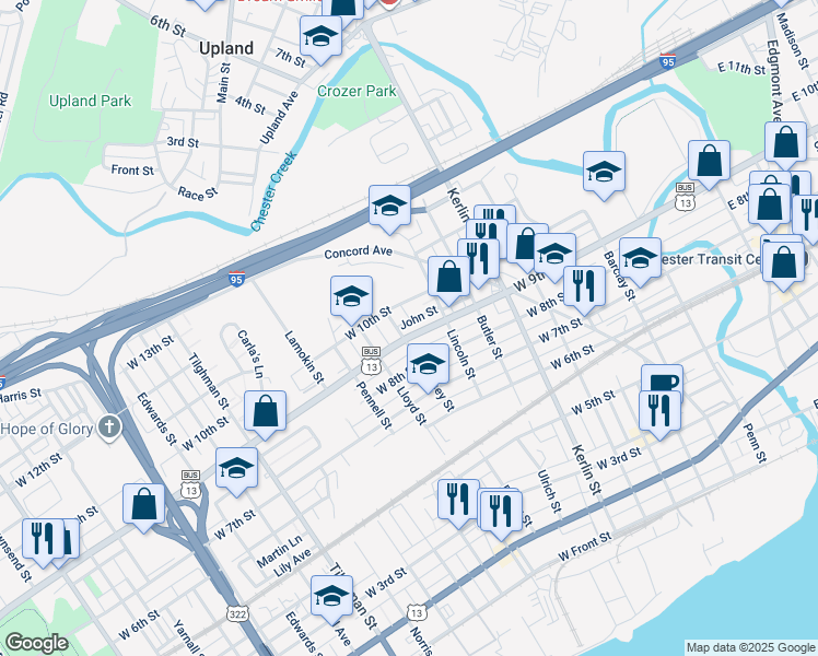map of restaurants, bars, coffee shops, grocery stores, and more near 938 West 9th Street in Chester