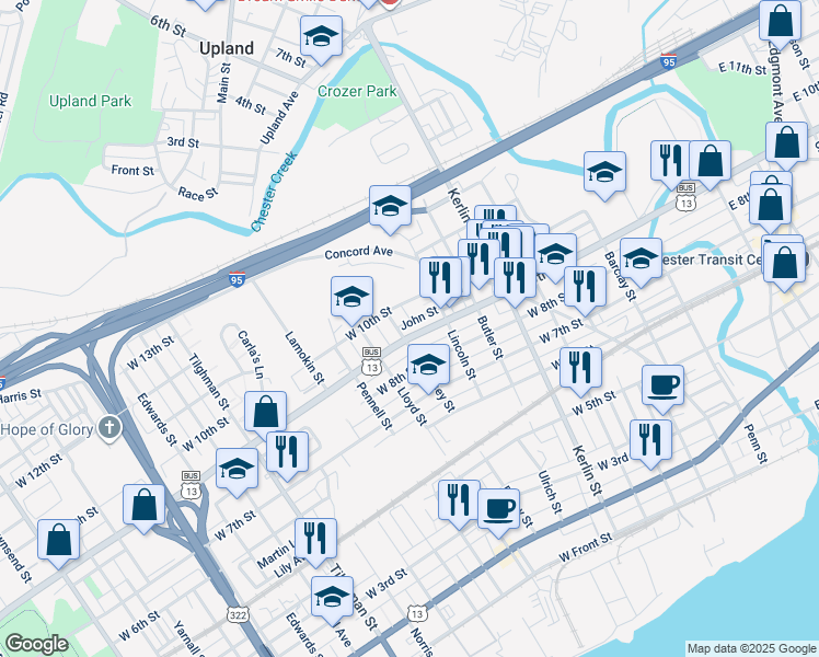 map of restaurants, bars, coffee shops, grocery stores, and more near 938 West 9th Street in Chester