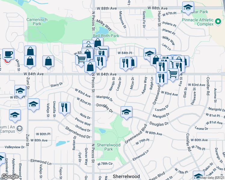 map of restaurants, bars, coffee shops, grocery stores, and more near 8311 Louise Drive in Denver