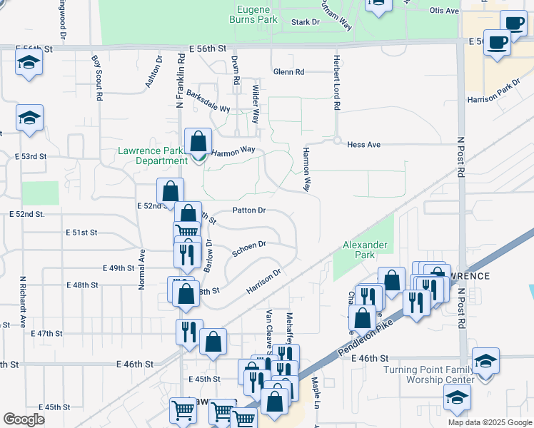 map of restaurants, bars, coffee shops, grocery stores, and more near 8233 Patton Drive in Lawrence