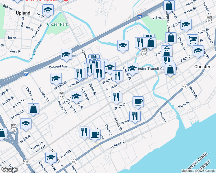 map of restaurants, bars, coffee shops, grocery stores, and more near 606 West 7th Street in Chester