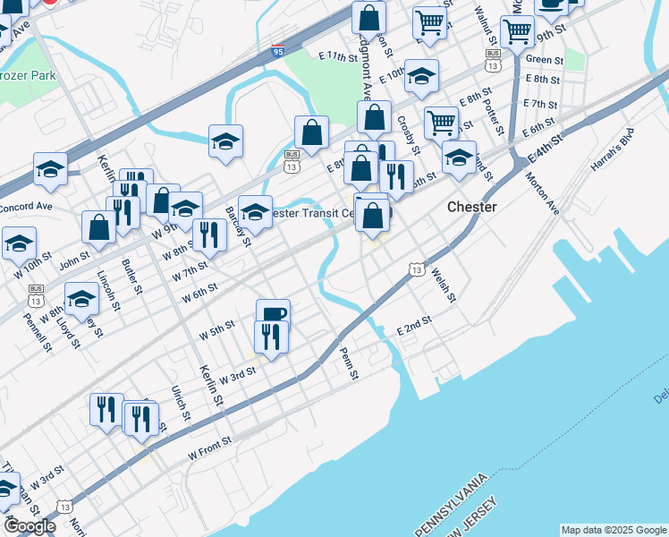 map of restaurants, bars, coffee shops, grocery stores, and more near 134 West 5th Street in Chester